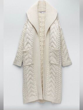 ZARA CHUNKY Cable KNIT COAT Long Cardigan Limited Edition ECRU 3653/103 Small